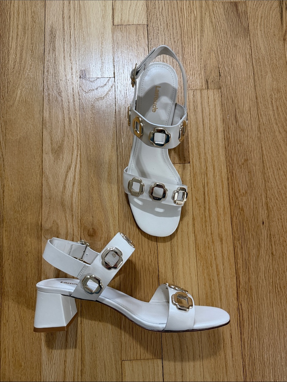 Larroude Milan Block Heel Sandals Ivory Leather Gold Hardware Sz 8.5